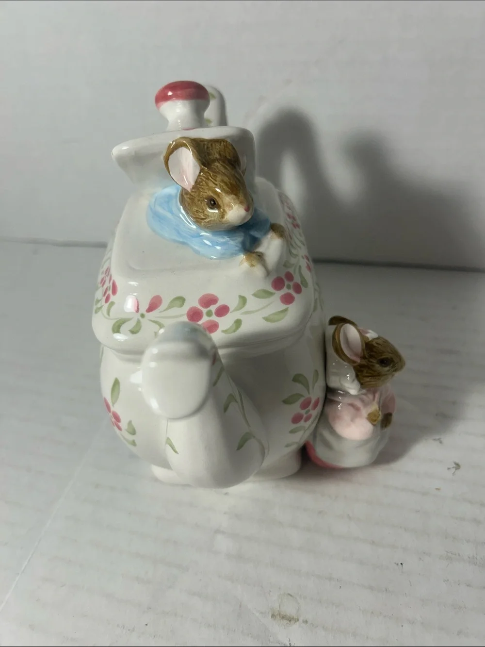 Whimsical Ceramic Mouse Teapot Figurine - White with Pink & Green Accents